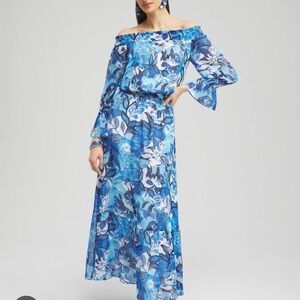 Floral Blue Off-Shoulder Maxi Dress